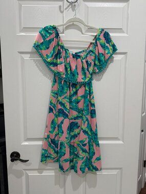 Cabana Life Tropical Palm Leaf Off Shoulder Pom Pom Dress Size M